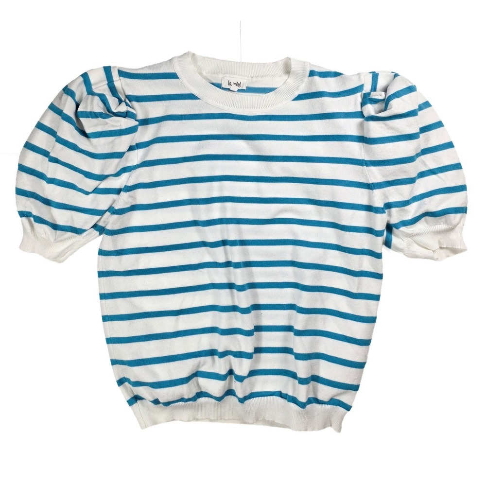 La Miel Blue Striped Puffed Sleeves Crewneck Blouse Women's Size Medium